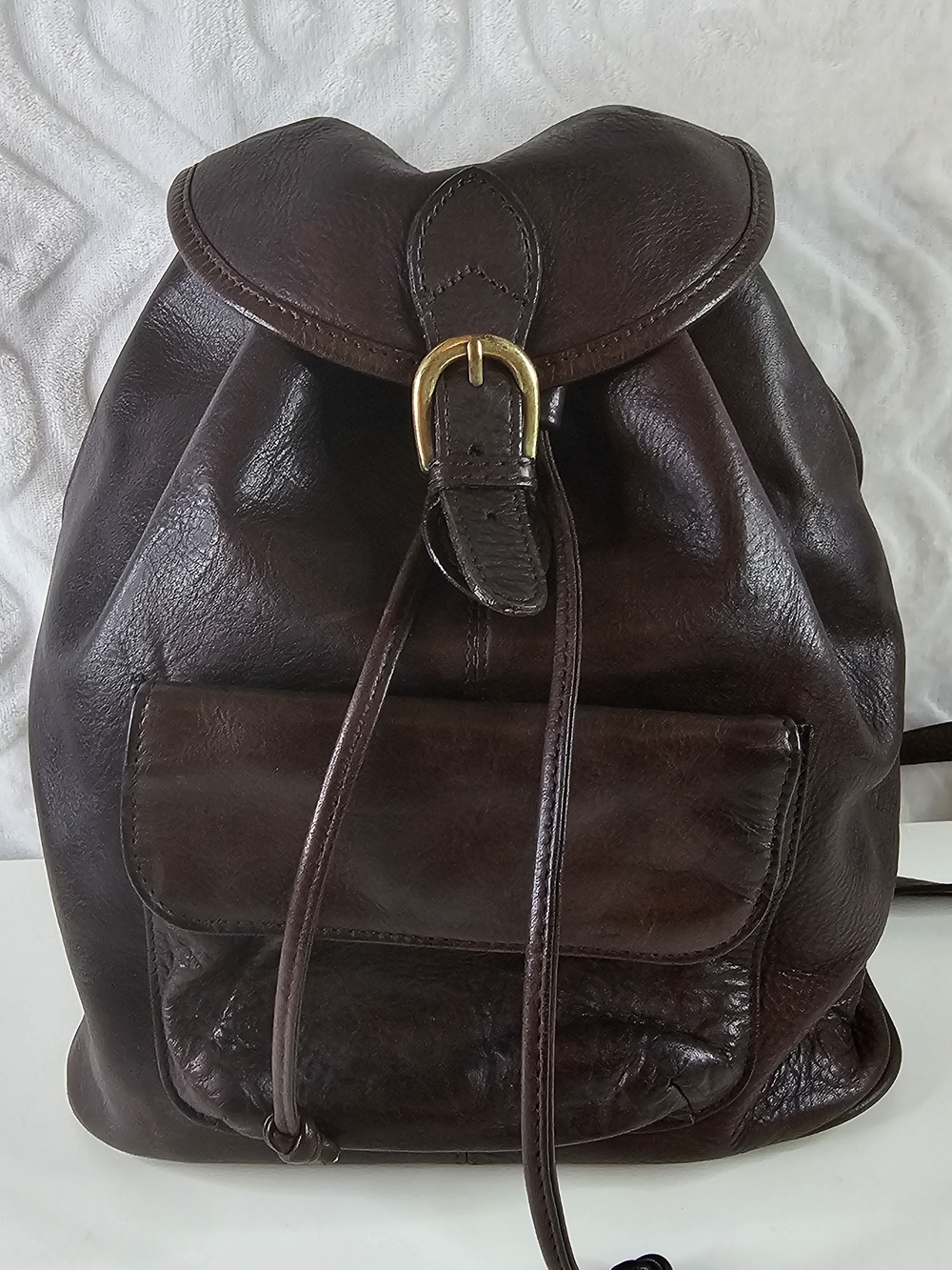 Vintage Boulder Ridge Dark Brown Leather Drawstring Backpack with Front Pocket